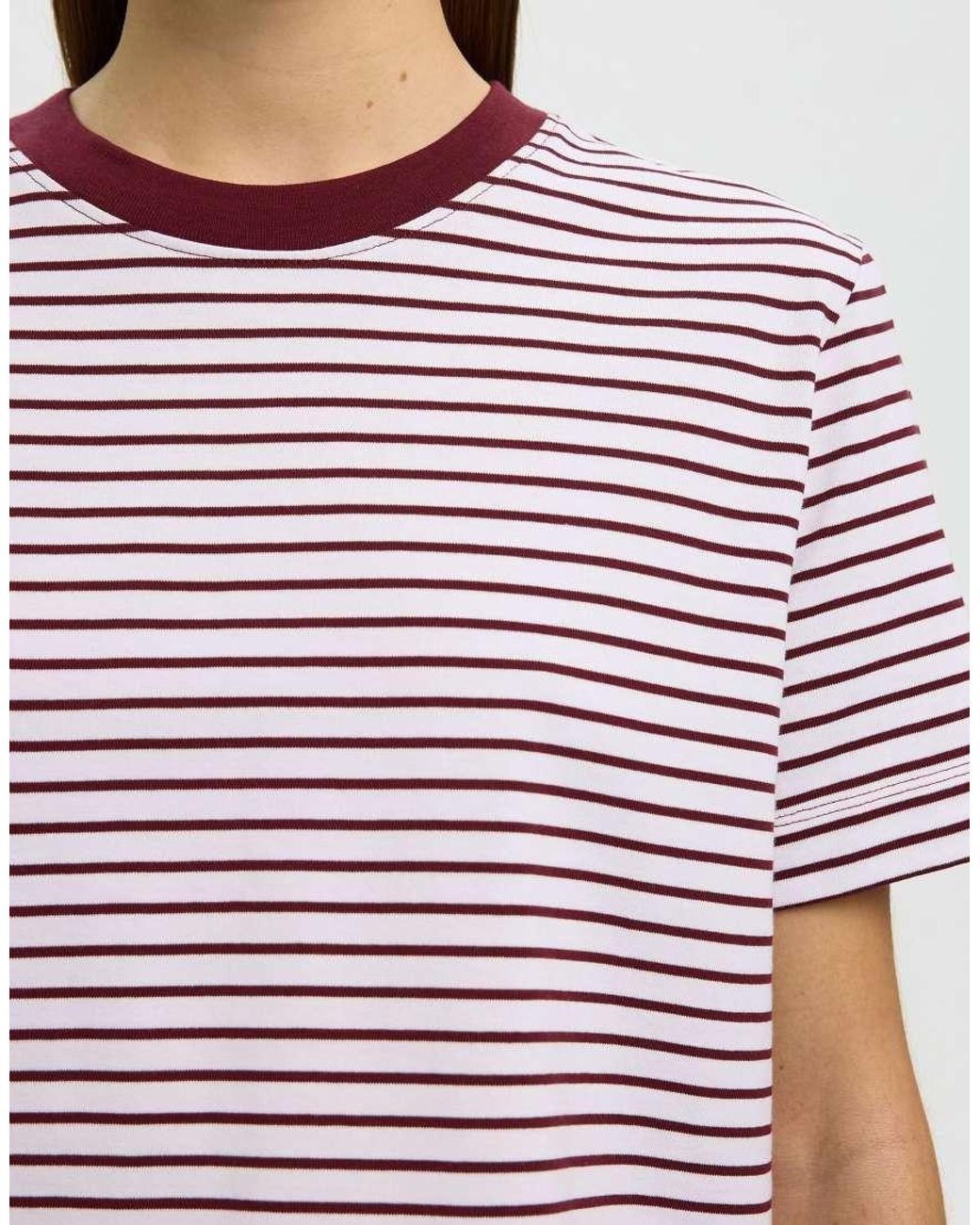 SELECTED White Essential Striped Ribbed Denim Box Fit Crew Neck Short Sleeve T-shirt