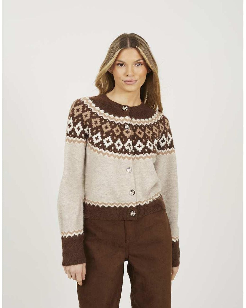 Brave Soul Natural Crew Neck Fairisle Knit Cardigan