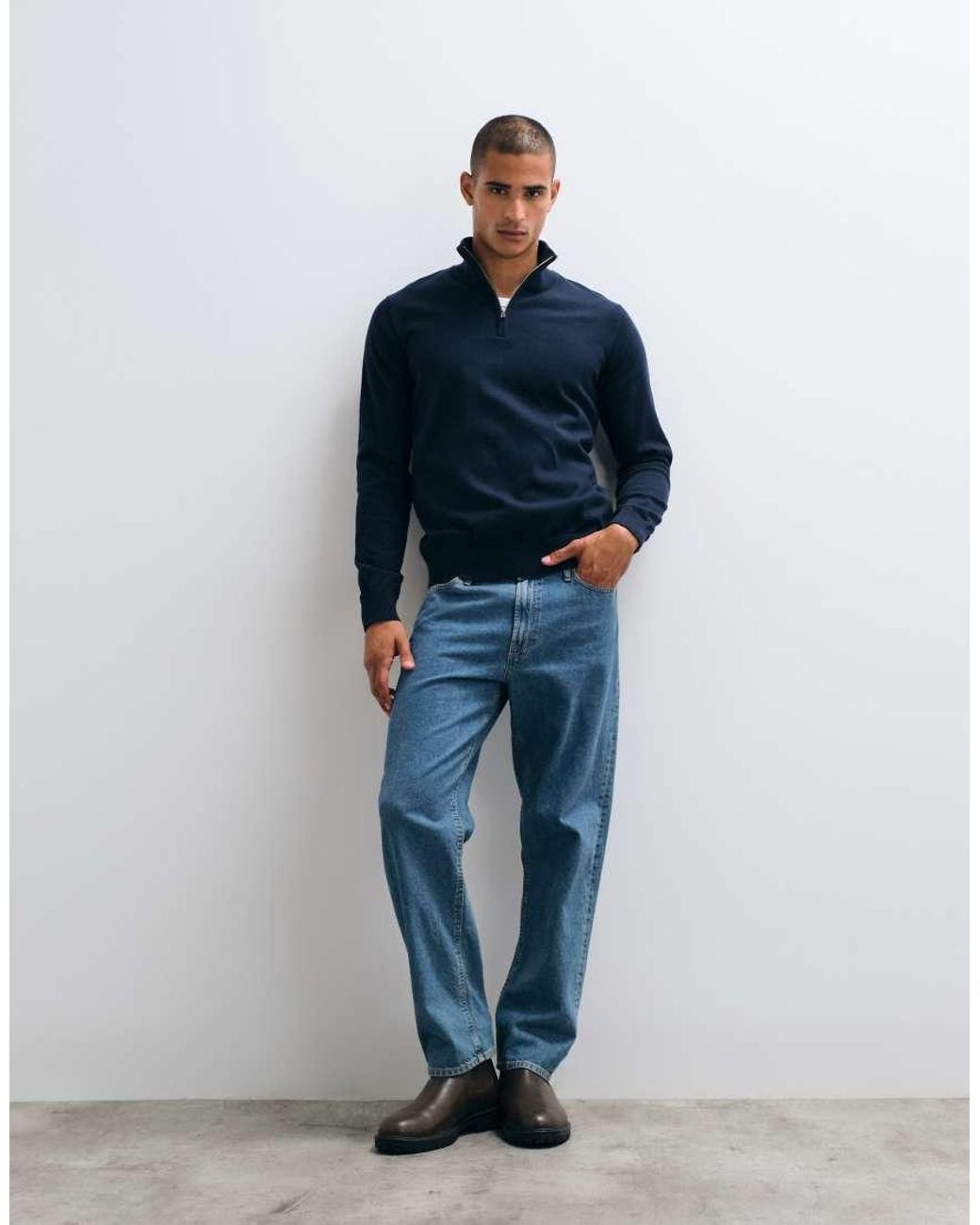 Threadbare Blue Knitted Quarter-zip Jumper for men