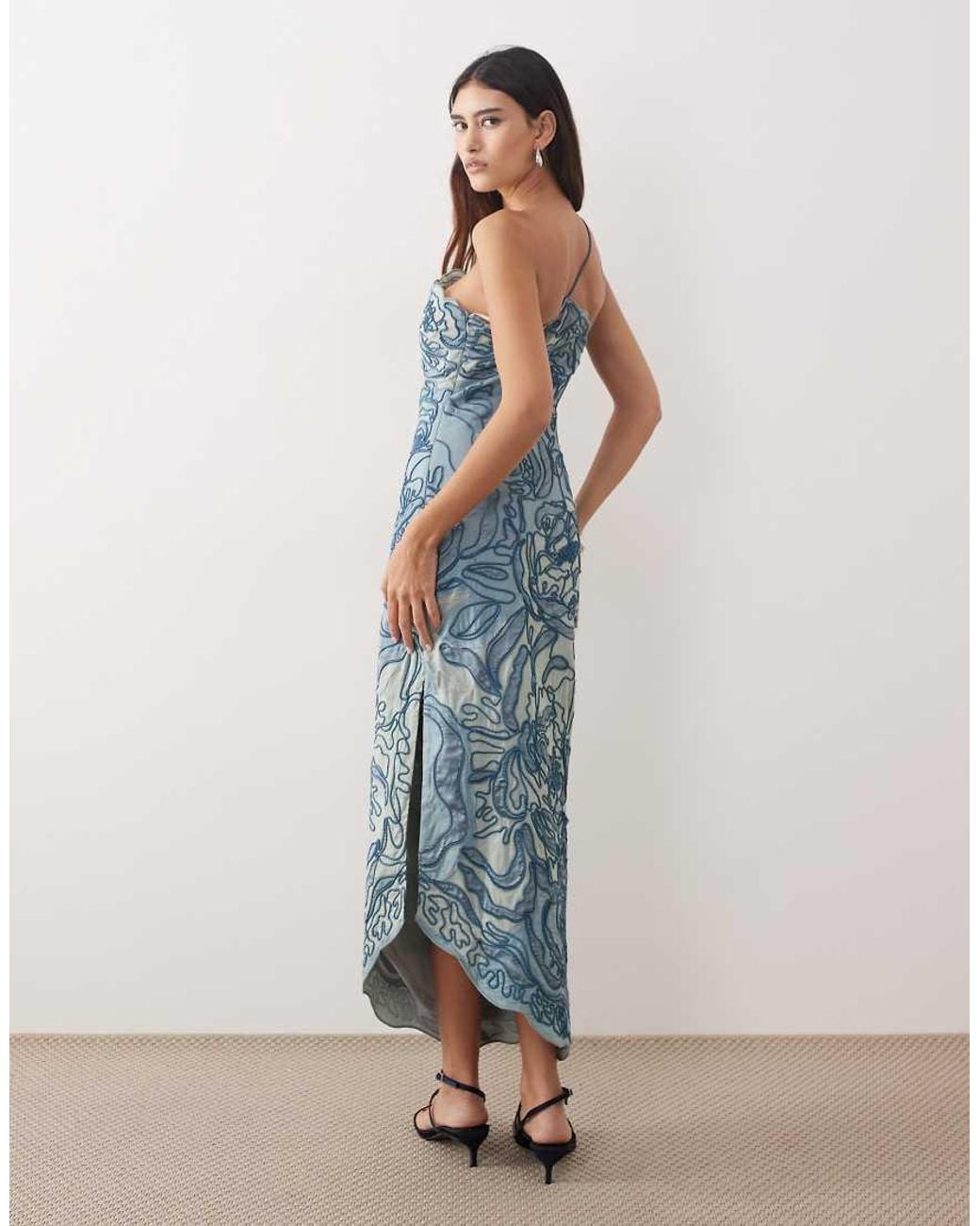 ARRANGE Blue Linear Floral Embroidered One-shoulder Column Maxi Dress