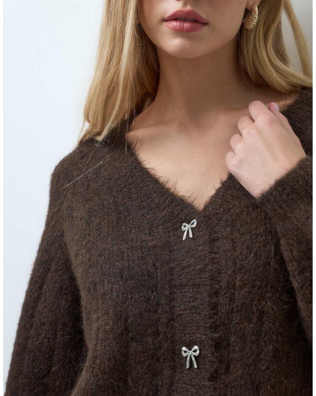 Vero Moda Gray V-neck Cardigan With Bow Detail Buttons