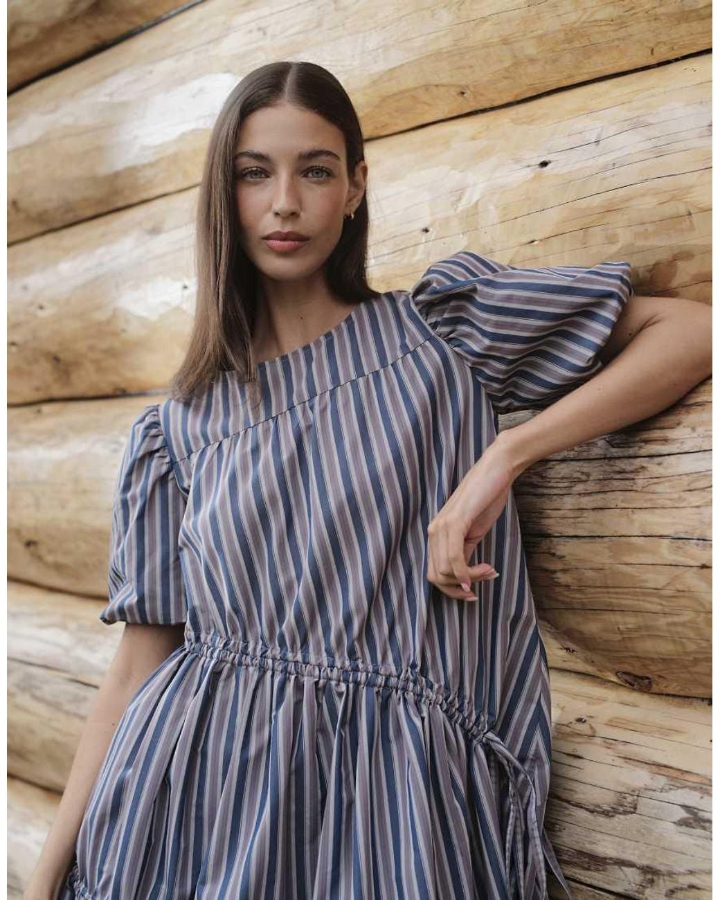 Daisy Street Blue Puff Sleeve Tiered Midi Dress