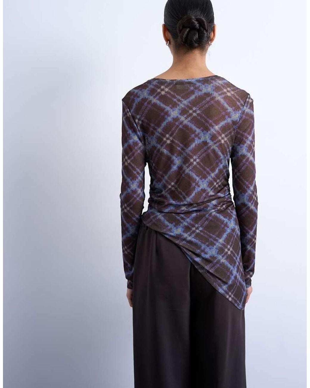 TOPSHOP Multicolor Check Print Asymmetric Long Sleeve Top