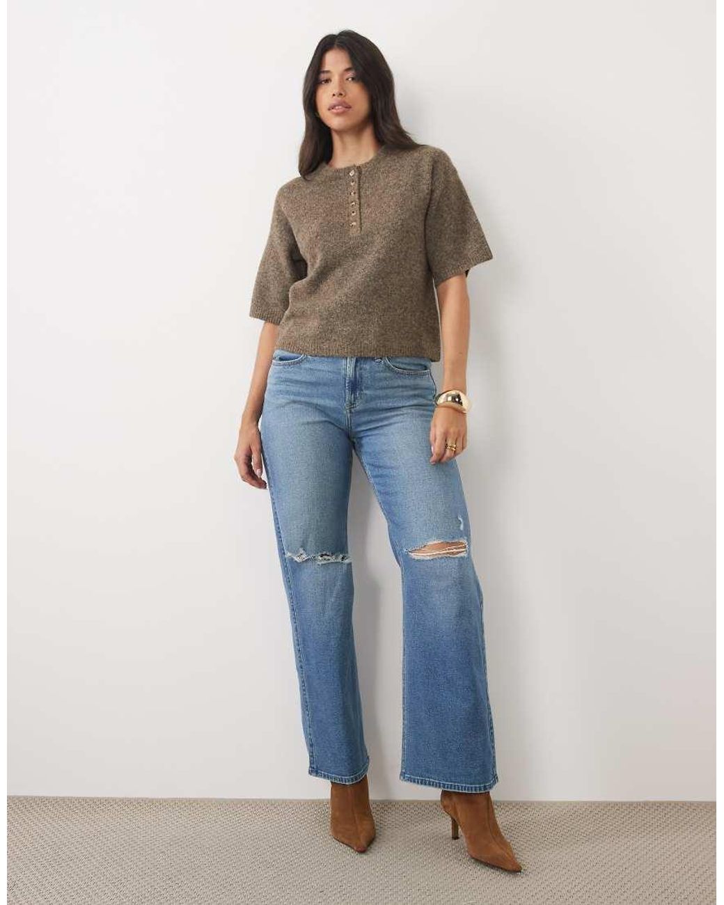 Nobody's Child Brown Wool Mix Knitted Crew Neck Short Sleeve Relaxed Fit Henley Tee