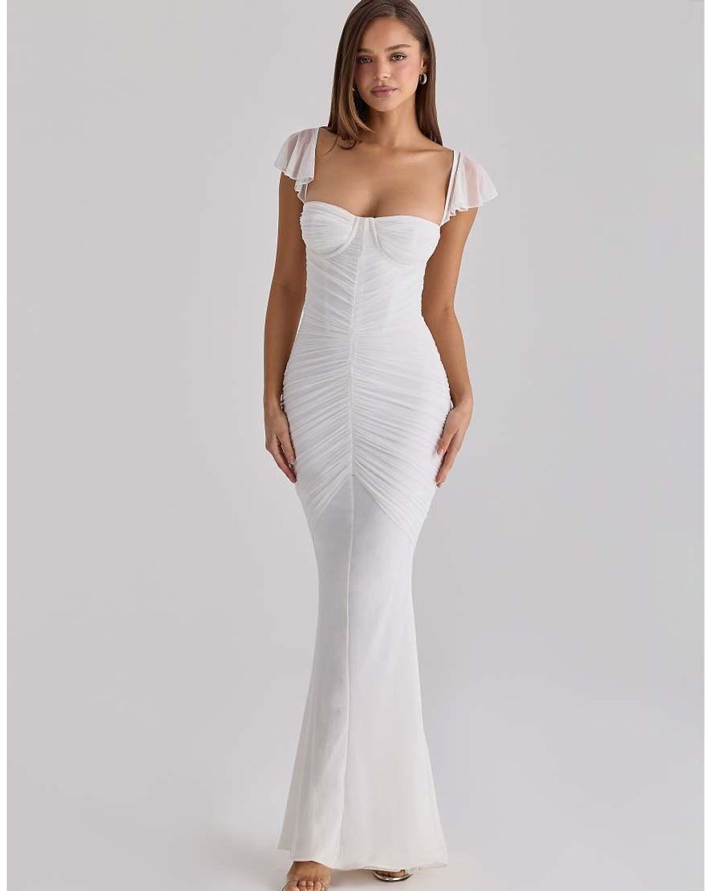 House Of Cb White Antonella Gathered Mesh Maxi Dress