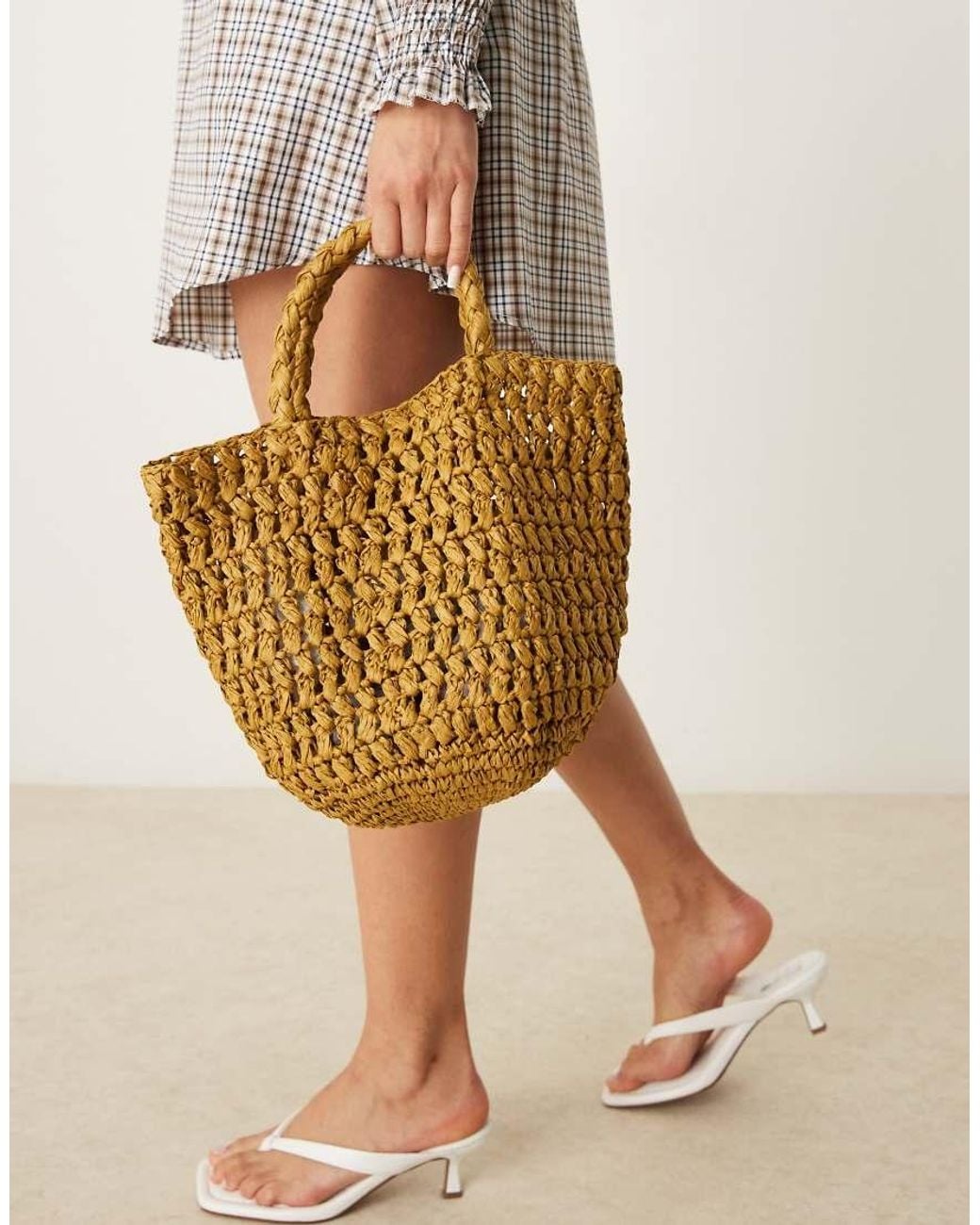 Mango Gray Raffia Bucket Bag With Linning