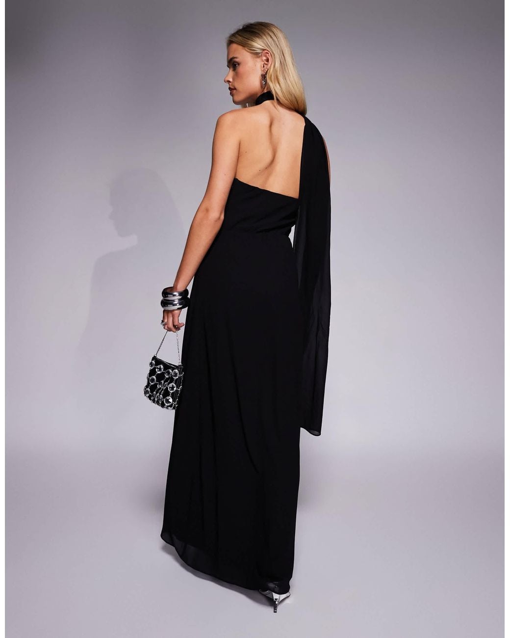 princess polly baby blue dress Elegant Black Satin Gown with Neck Scarf