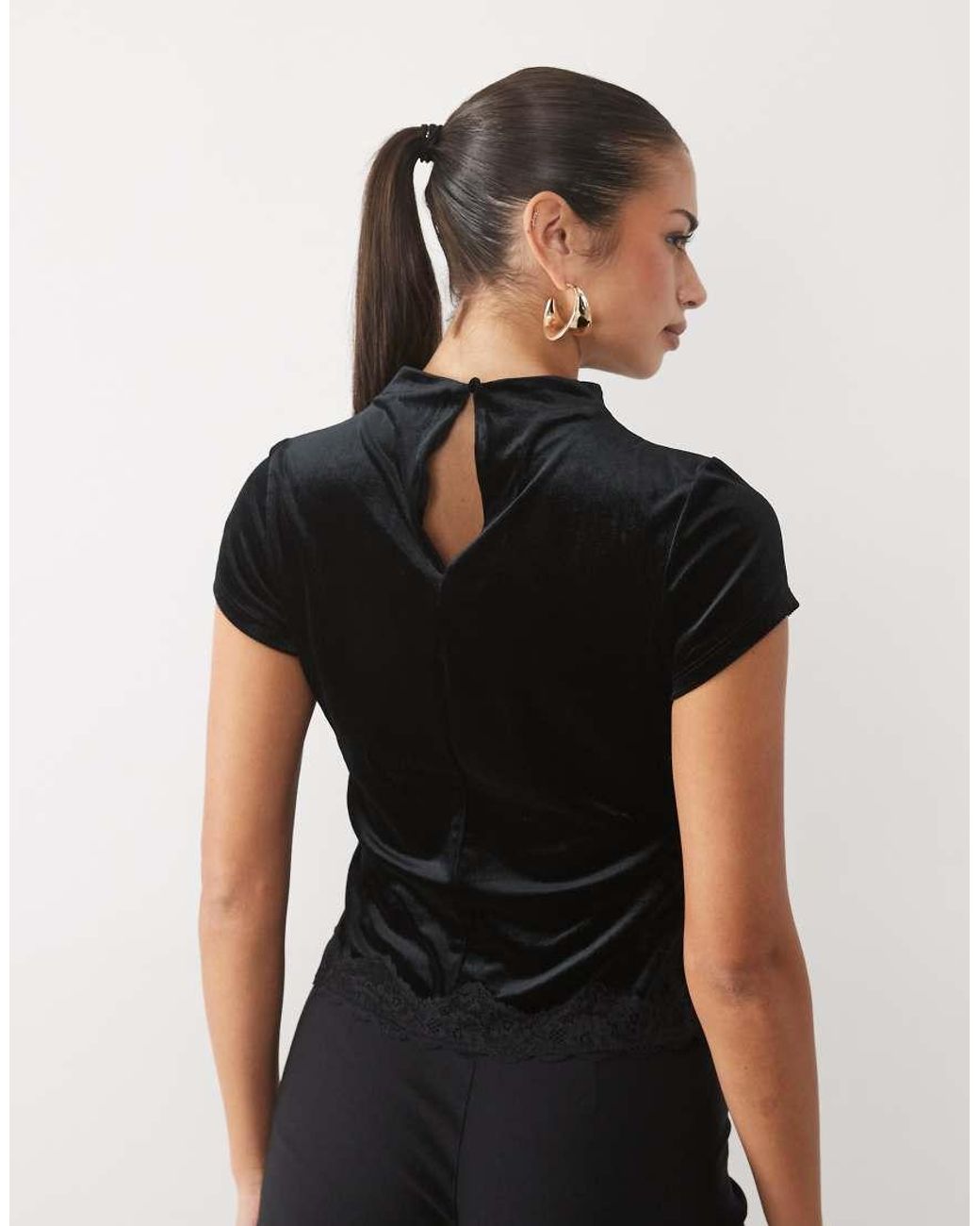 Nobody's Child Black Velvet High Neck Cap Sleeve Lace Hem Top