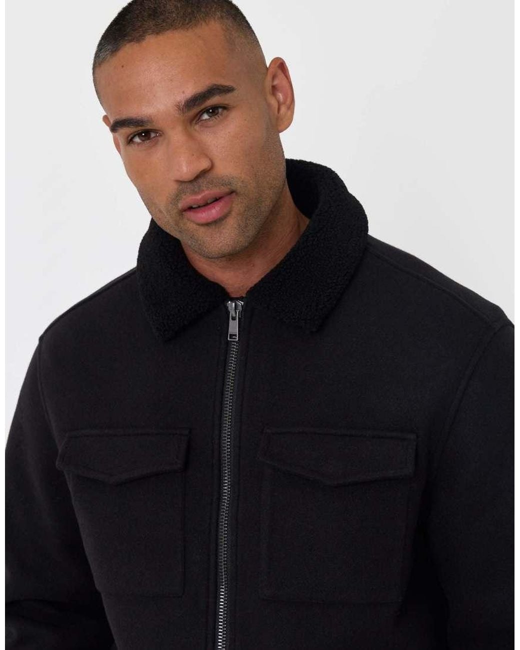 Threadbare Black Zip Jacket With Sherpa Collar & Lining for men