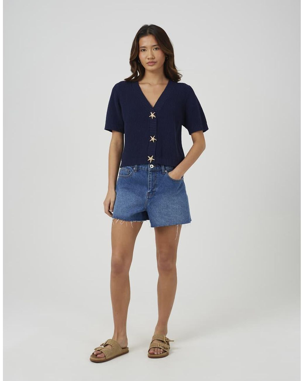 Brave Soul Blue Short Sleeve Knitted Cardigan With Starfish Buttons