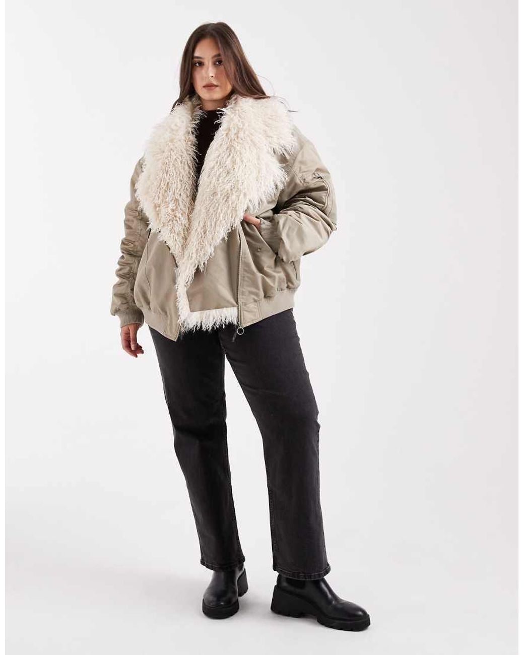 ASOS Natural Asos Design Curve Ma1 Parka Jacket With Shaggy Faux Fur