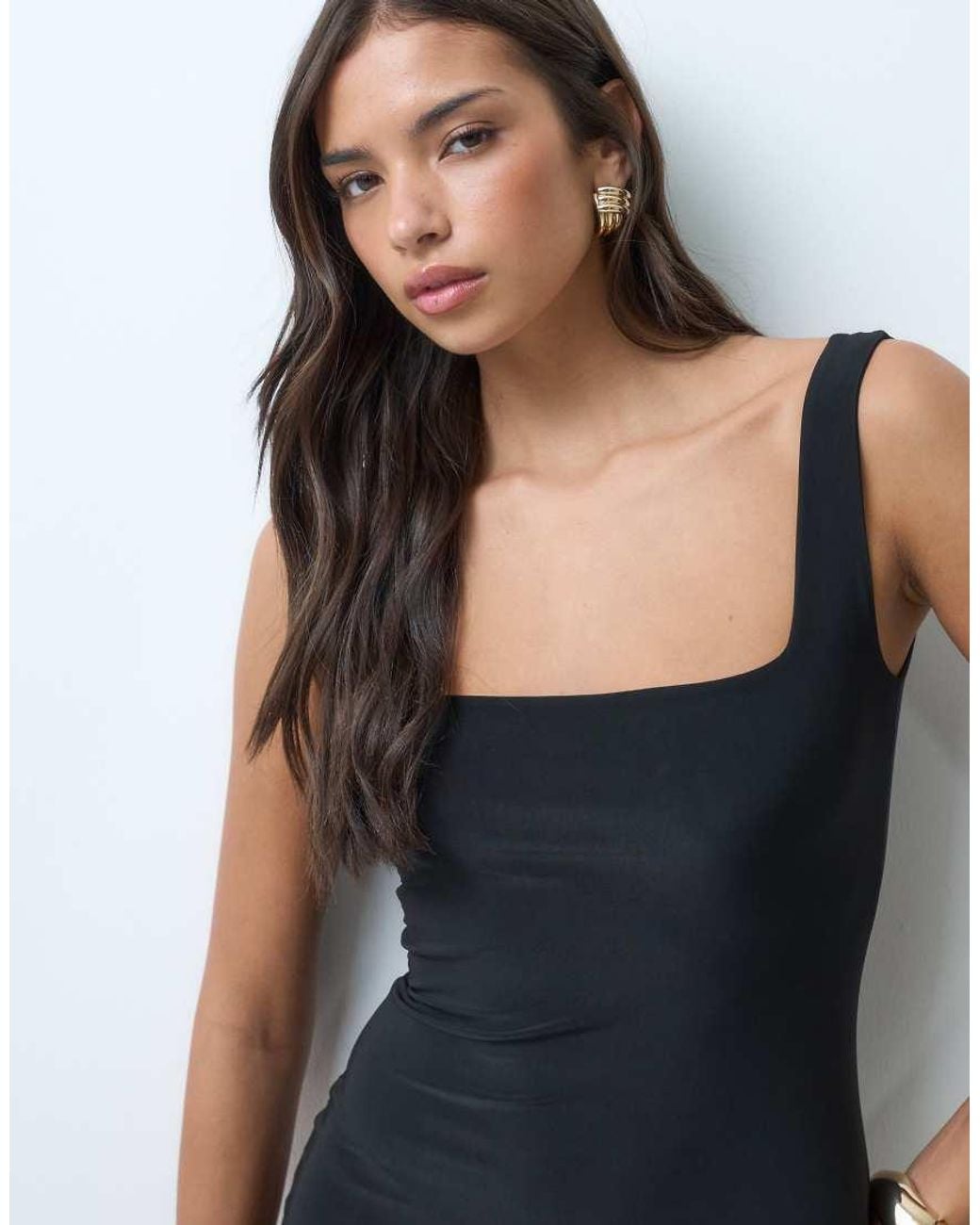 Kaiia White Exclusive Double Sculpted Slinky Square Neck Mini Dress