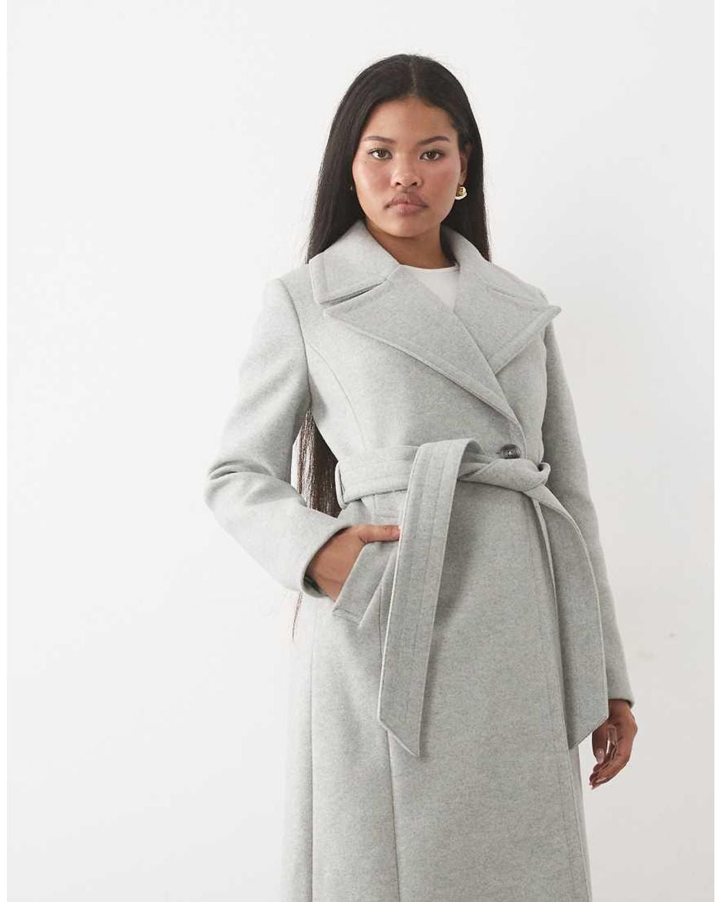 Forever New Gray Long Line Button Down Belt Detail Coat