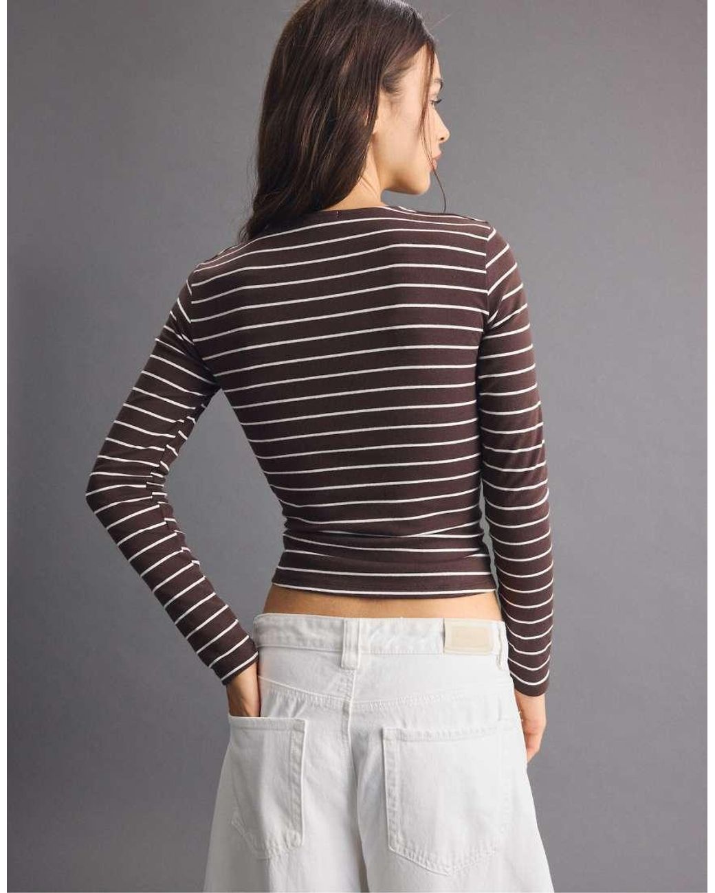 Stradivarius Gray Basic Long Sleeve Striped T-Shirt