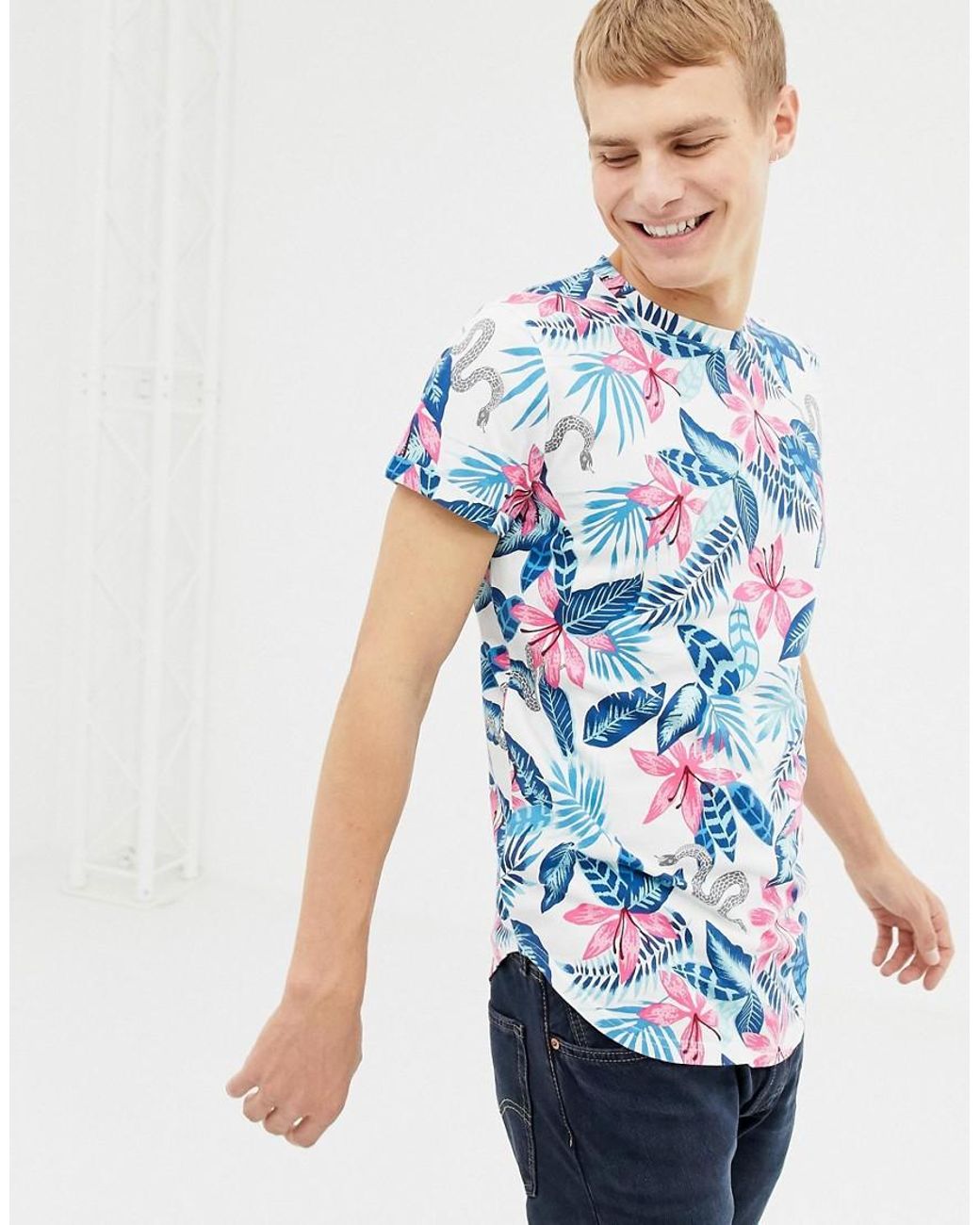 Hollister Floral Curved Hem T shirt in Green for Men Lyst