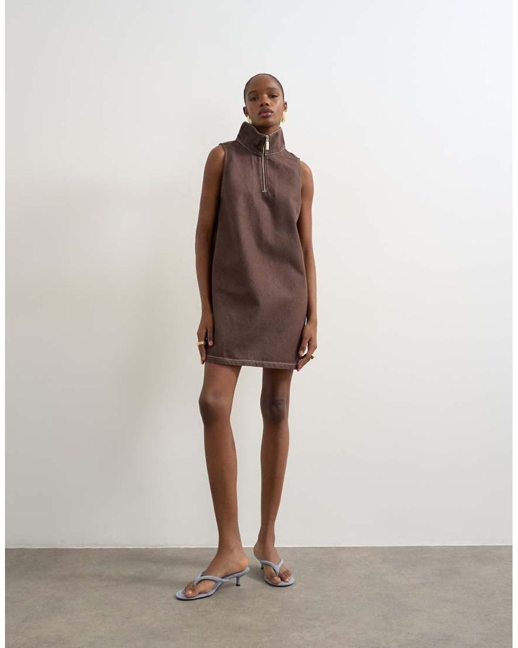 TOPSHOP Brown Denim Funnel Neck Pinny Dress Choc Rinse