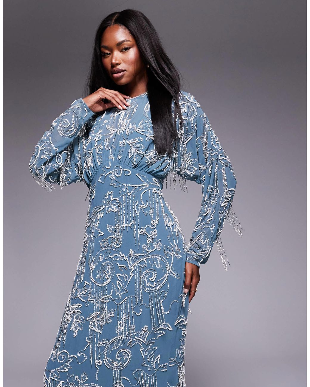 asos design all over embellished maxi dress with flared sleeves Marigold Orange Full Flare Maxi Dress Georgette Gown with Dupatta Ethn –  Dealbazaarsonline.com