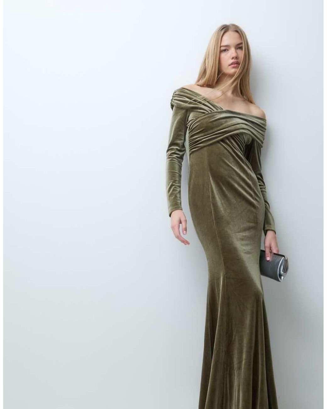 Y.A.S Green Off Shoulder Velvet Maxi Dress With Thigh Split