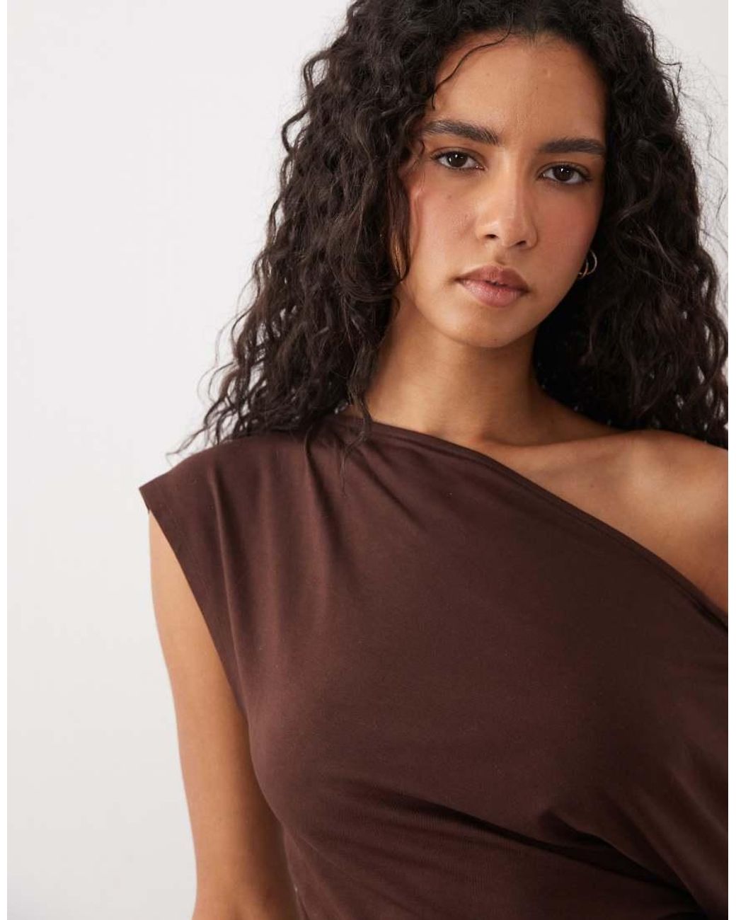 ASOS Brown Floaty Off Shoulder With Cinched Waist Co-ord Top