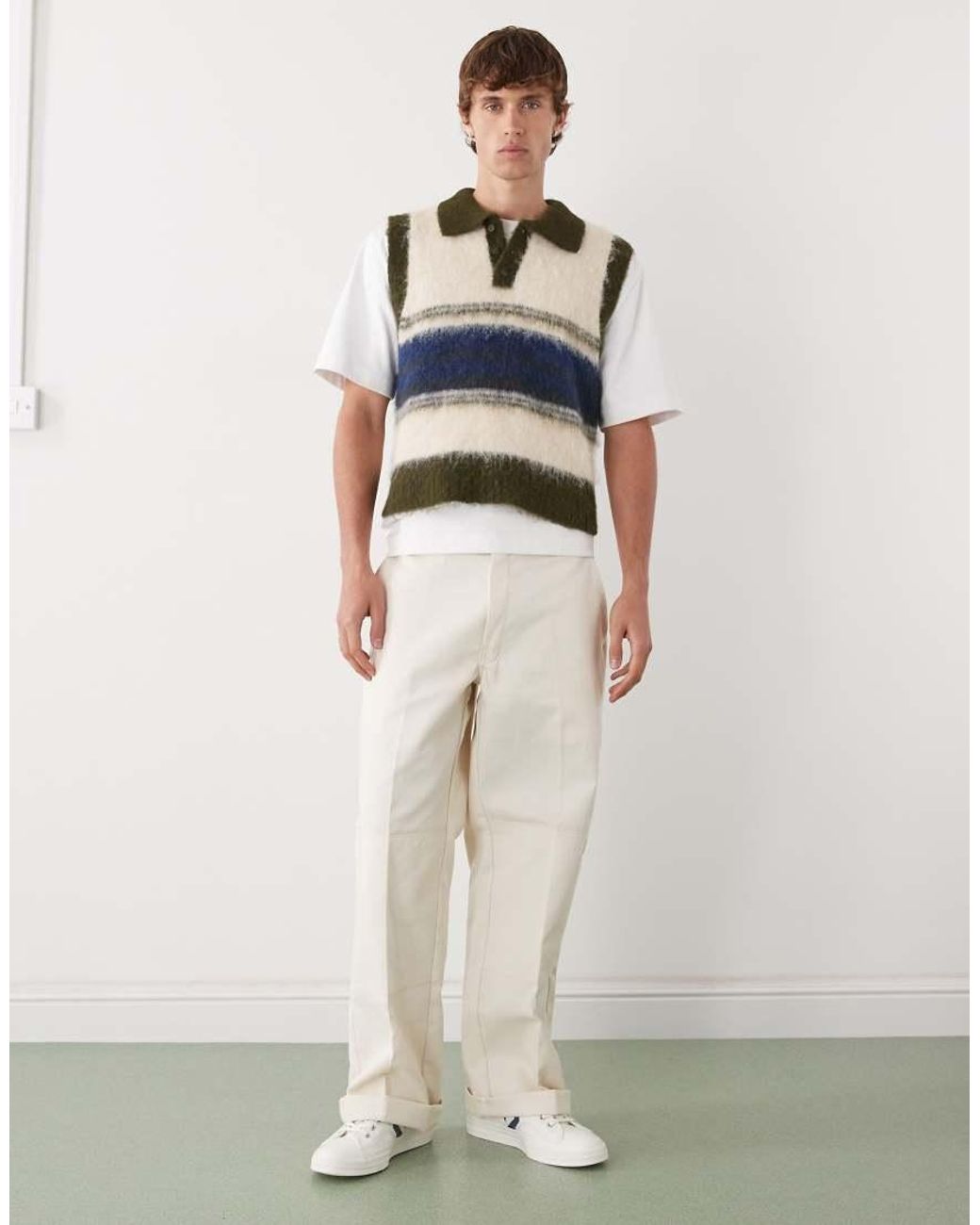 Reclaimed Vintage White Fluffy Knitted Tank With Collar Detail for men