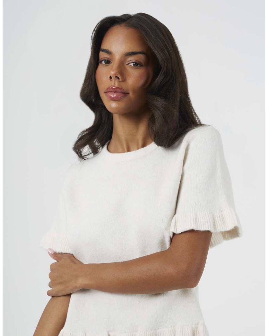 Brave Soul White Short Sleeve Knitted T-Shirt With Frill Detail
