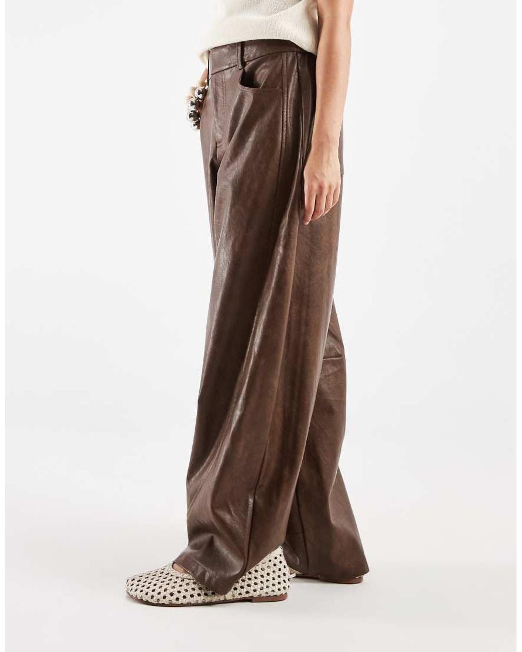 ASOS Brown Petite Tailored Faux Leather Barrel Trousers