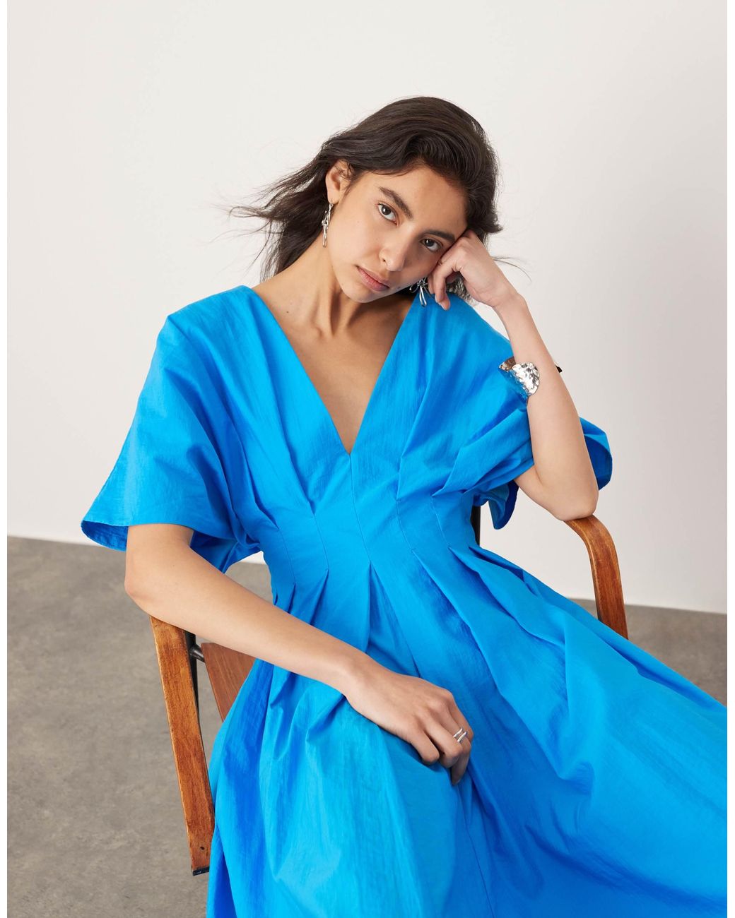 asos blue dress midi ASOS DESIGN satin high neck pleated bodice midi dress in blue