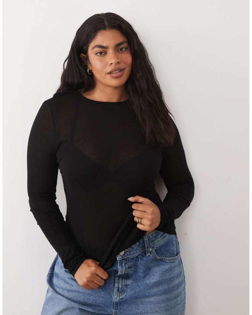 ASOS Black Asos Design Curve Sheer Knit Ruched Side Top
