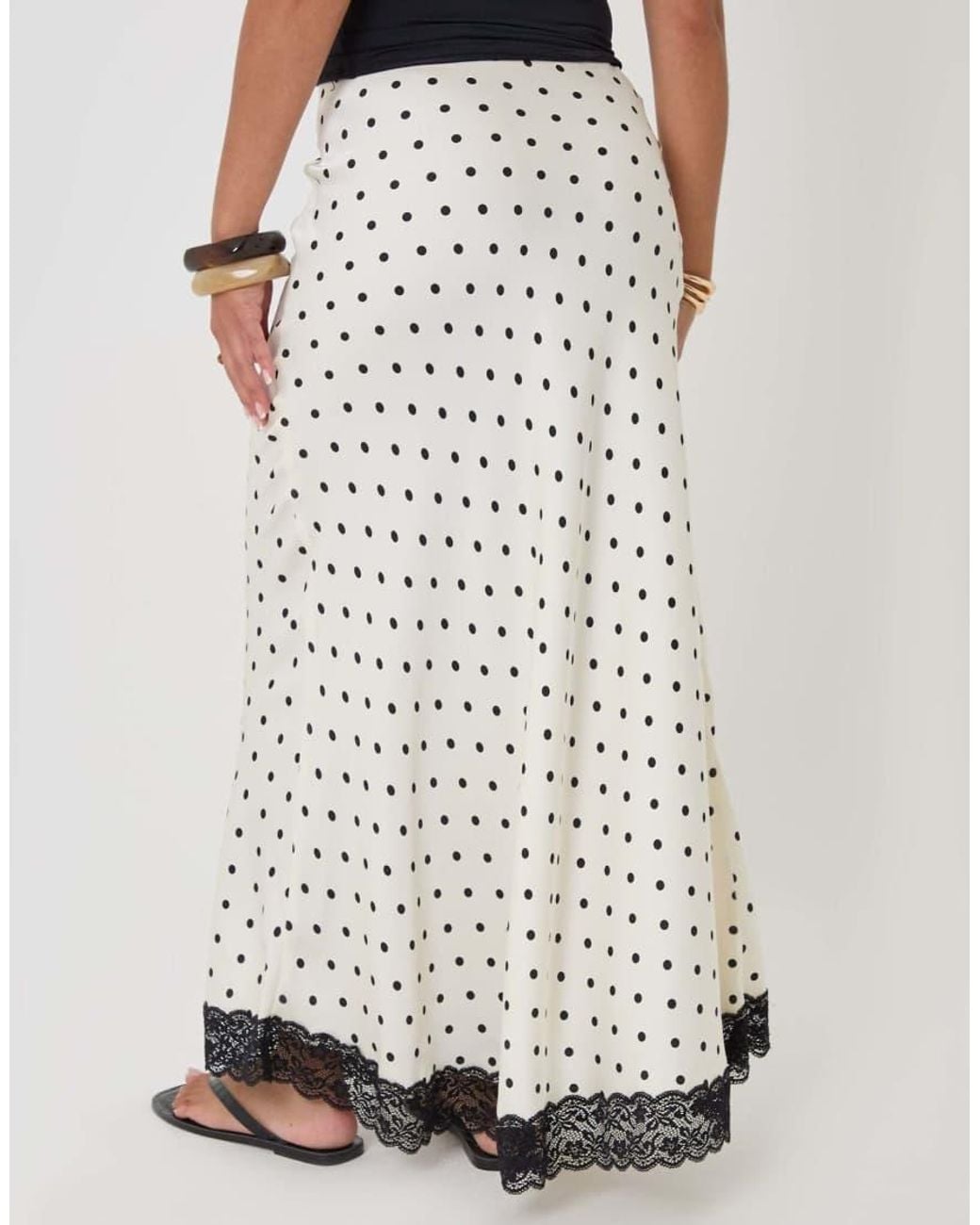 Threadbare White Petite Polka Dot Satin Lace Trim Maxi Skirt