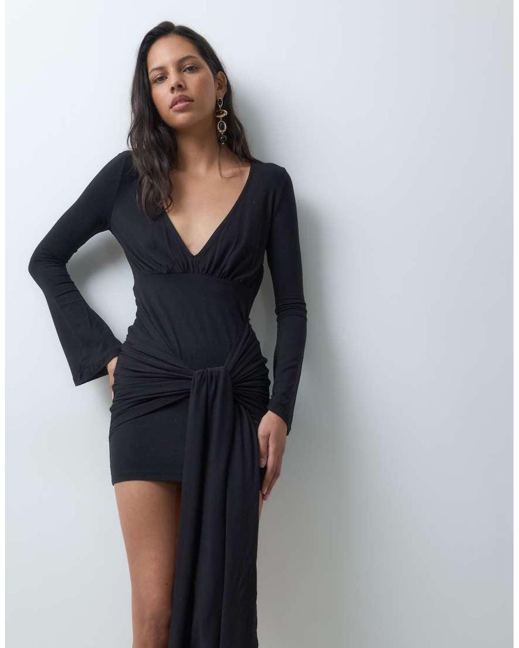 ASOS Black Long Sleeve Scoop Neck Mini Dress With Twist Drape Detail