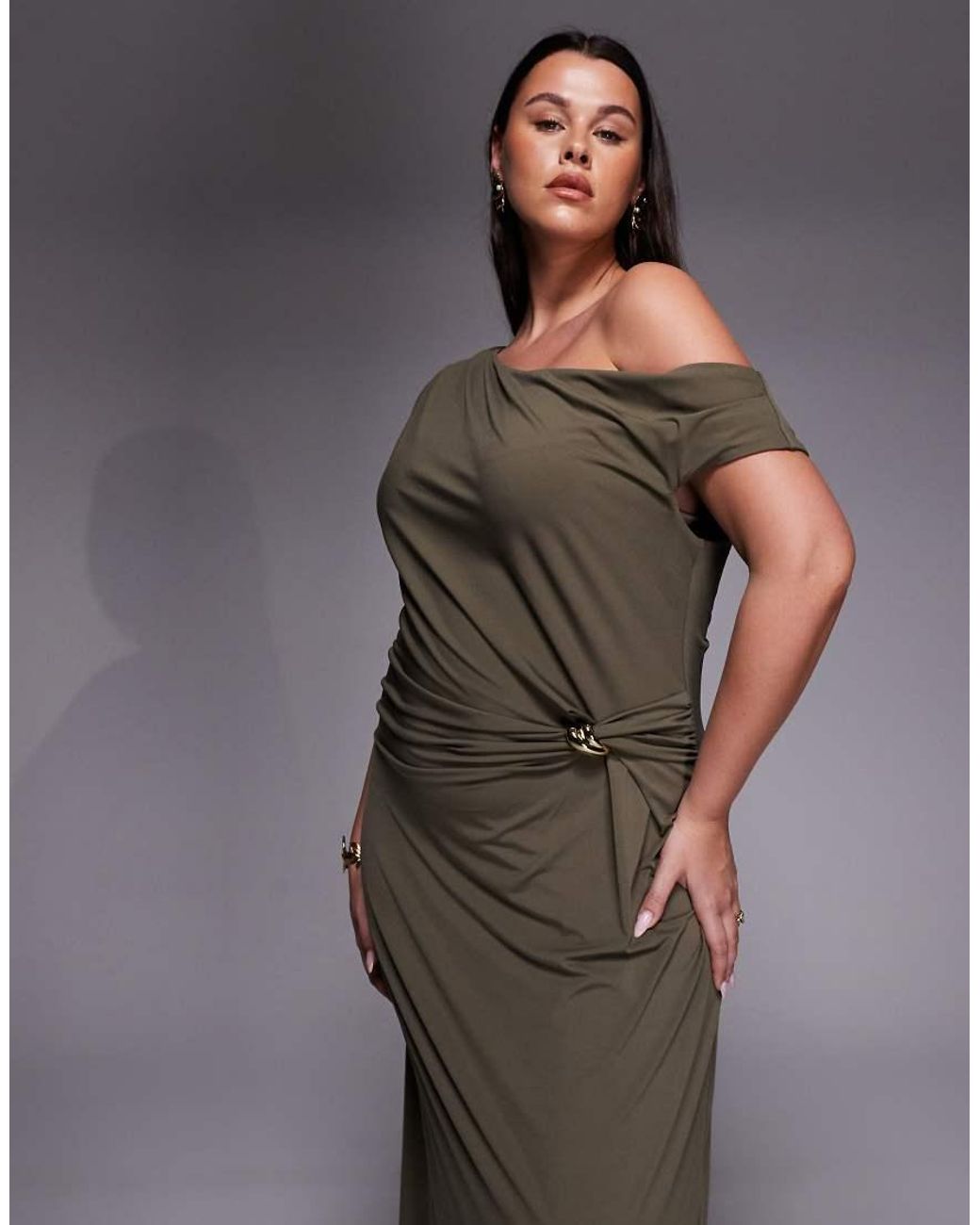 Forever New Gray Asymmetric Fallen Shoulder Midaxi Dress