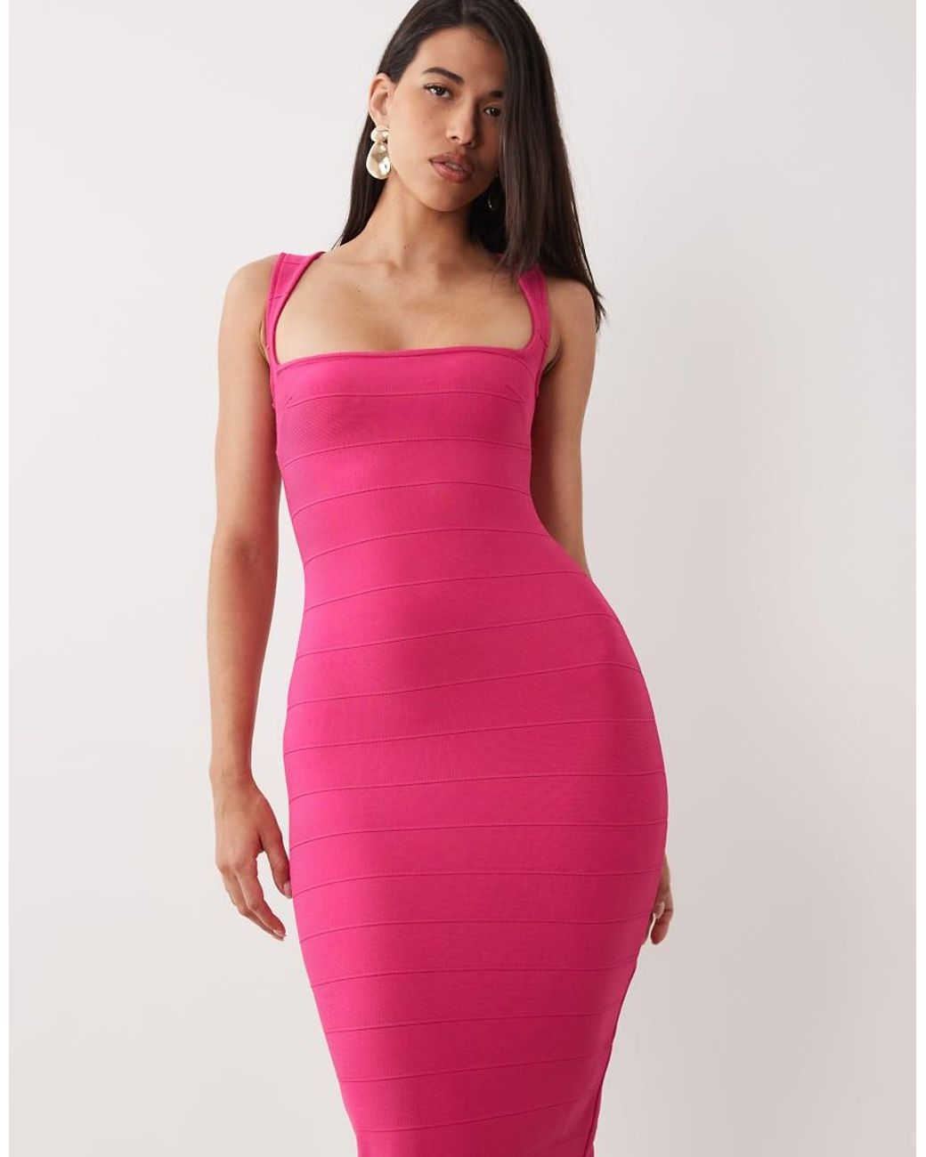 Ruched & Ready Pink Sculpting Square Neck Bandage Maxi Dress