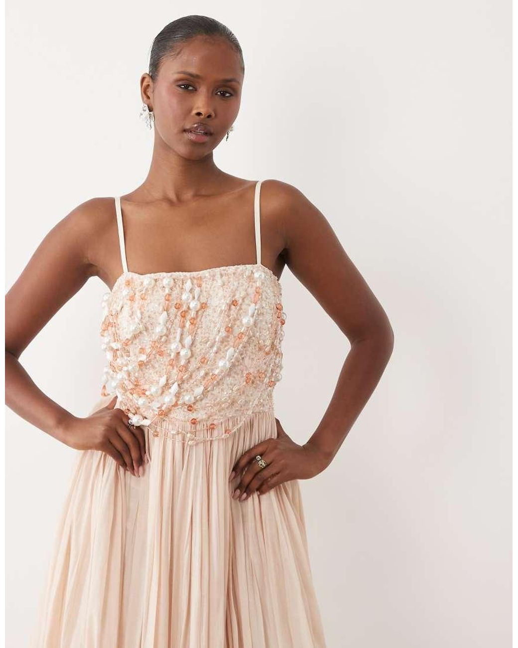 ASOS Natural Embellished Bodice Midaxi Dress With Bubble Skirt