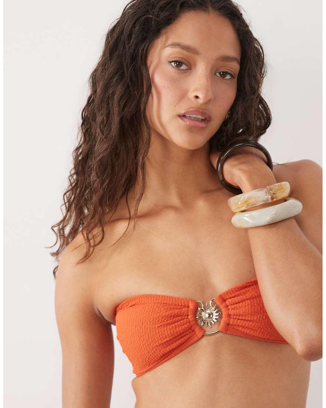 New Look Red Sun Trim Bandeau Crinkle Bikini Top