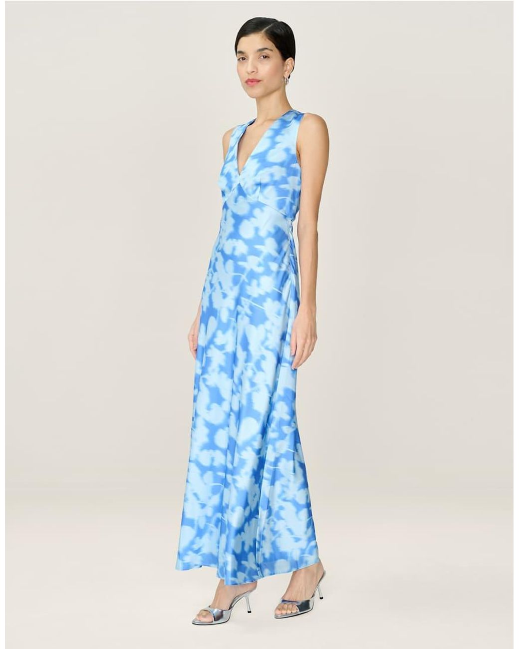 OMNES Blue Dresses Nova Floral Satin Midi Dress With Open Back