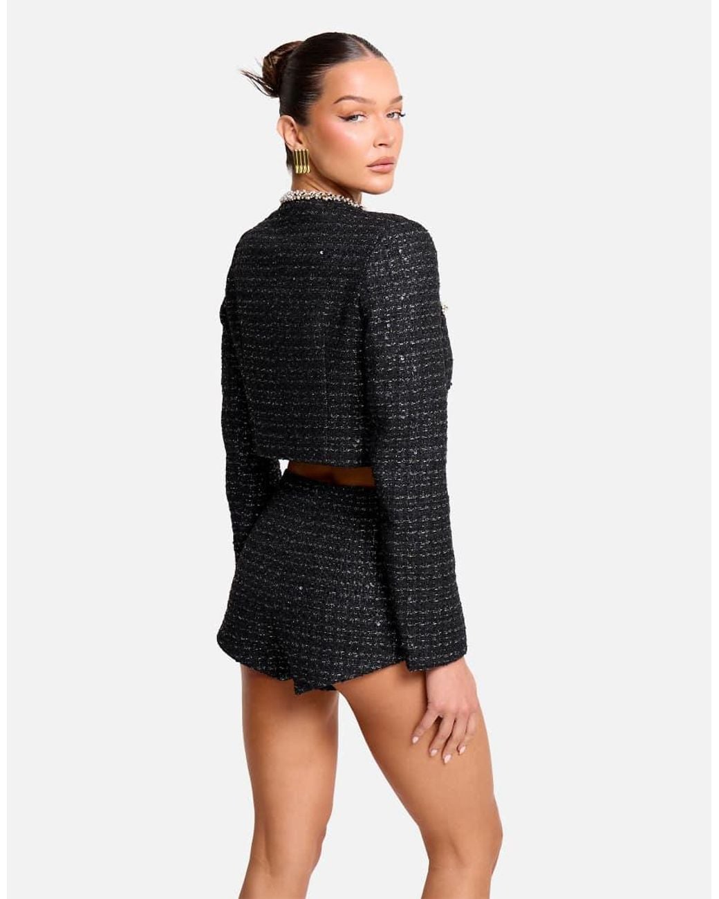 Public Desire Black Cropped Long Sleeve Boucle Button Detail Blazer