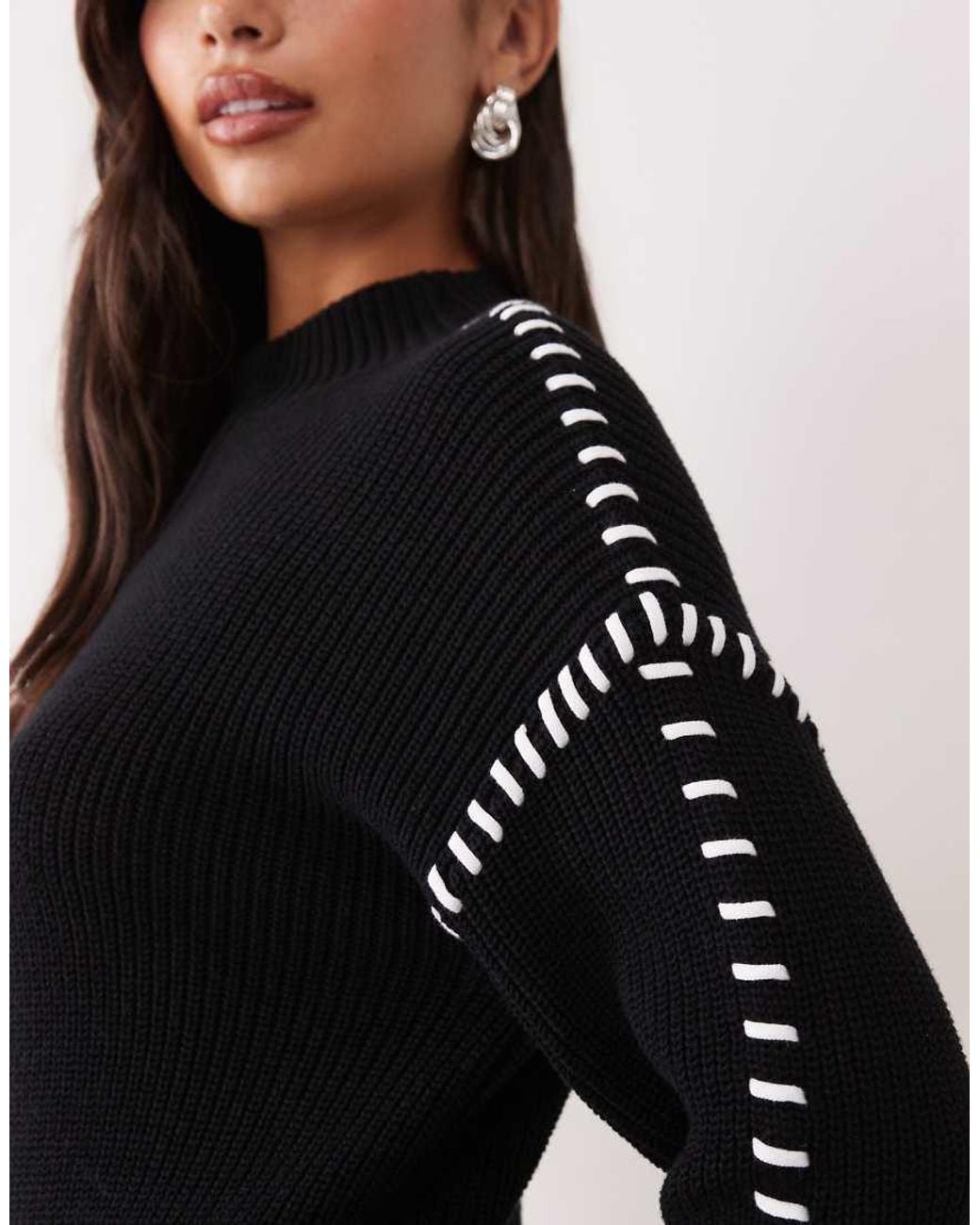 Aria Cove Black Knitted Oversized Contrast Stitch Mini Jumper Dress