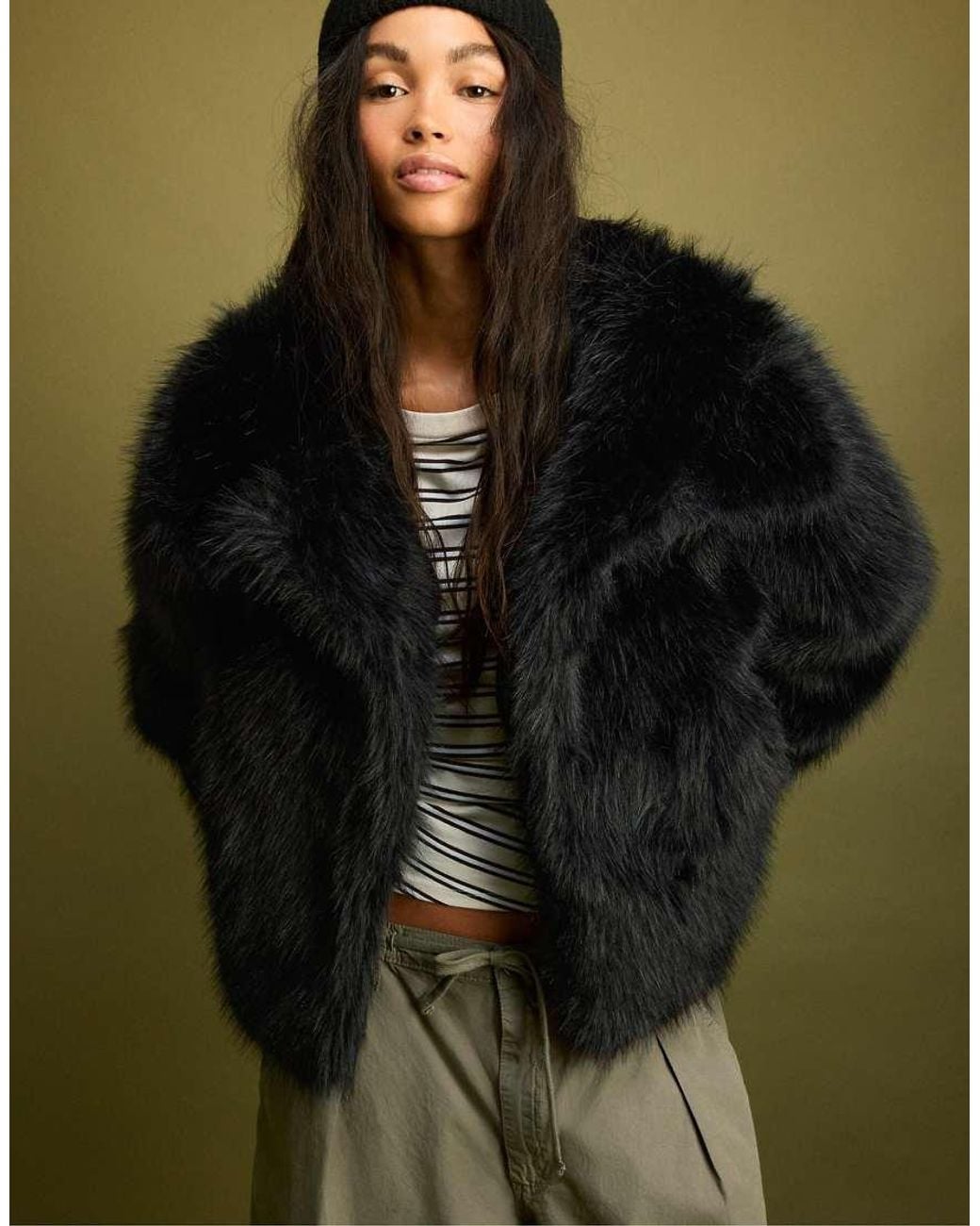 Stradivarius Green Basic Faux Fur High Neck Jacket