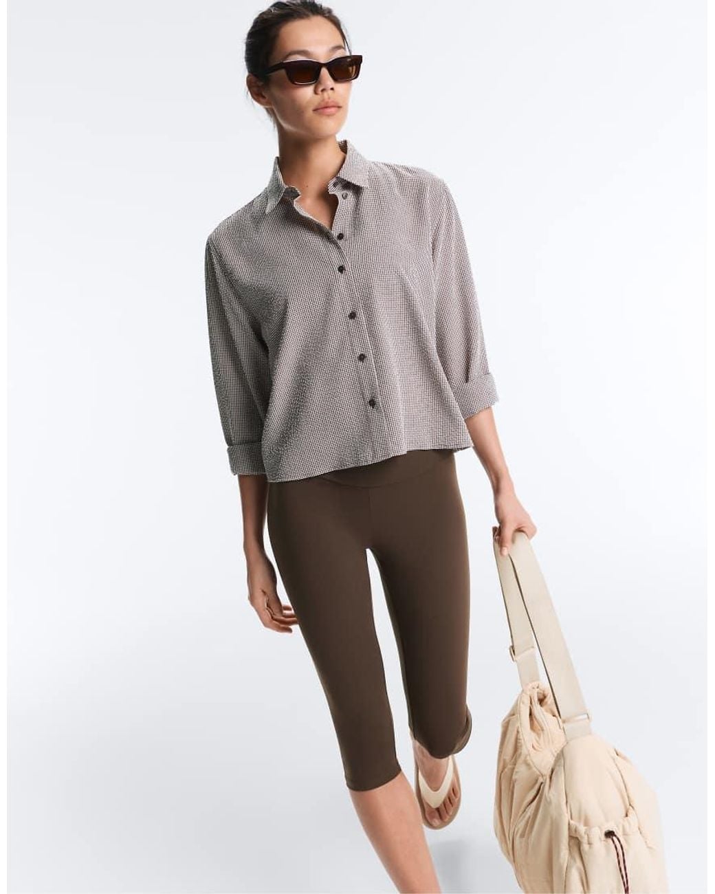 Oysho Gray Short Gingham Lyocell Blend Shirt