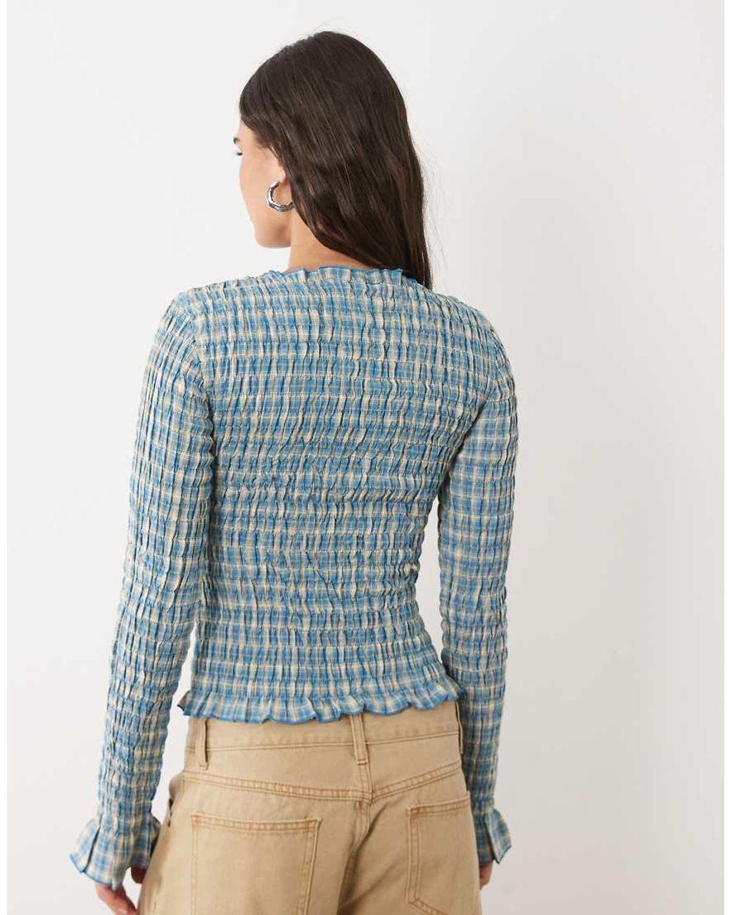 Daisy Street Blue Long Sleeve Shirred Top