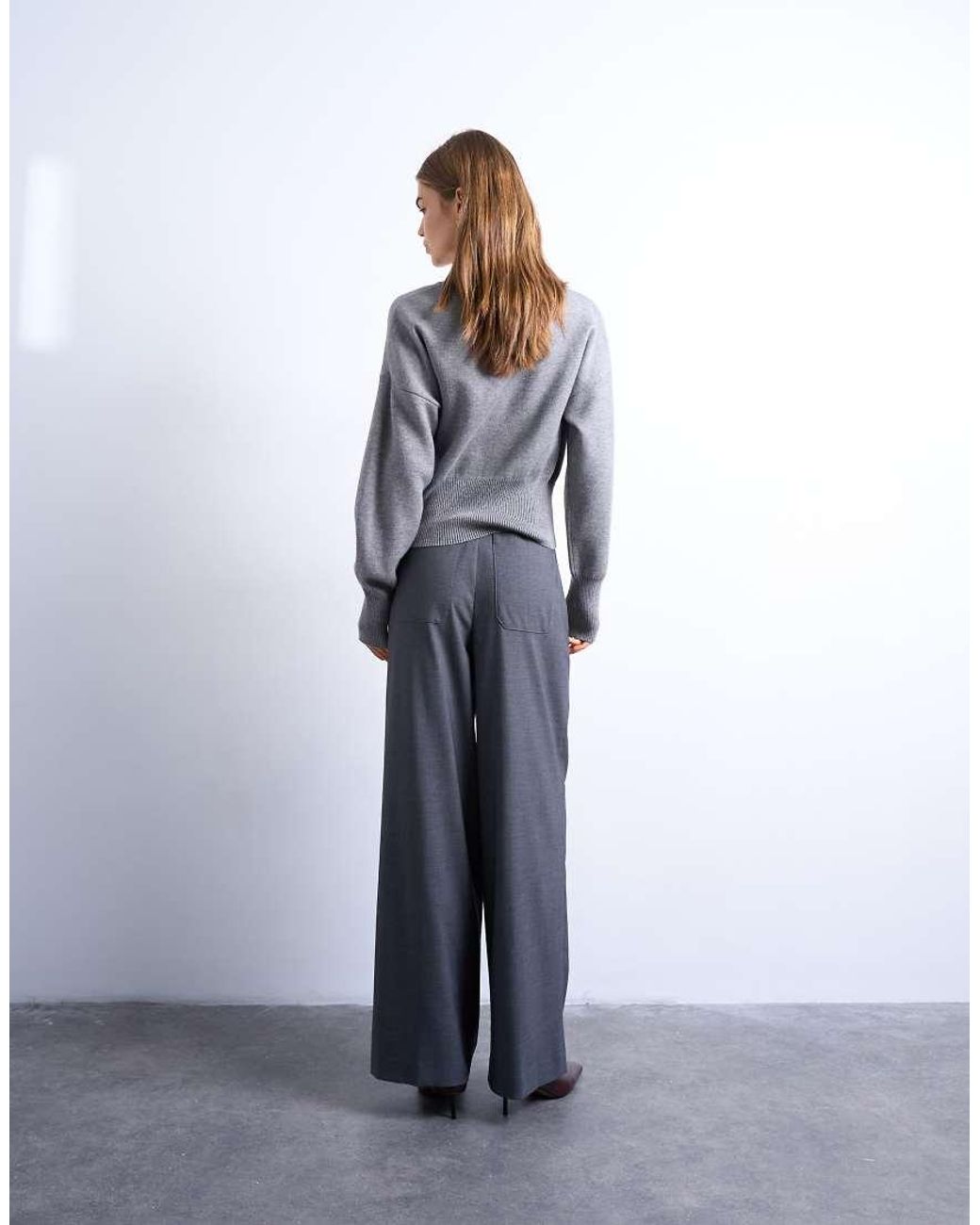 TOPSHOP Gray Double Pleat High Rise Wide Leg Trouser