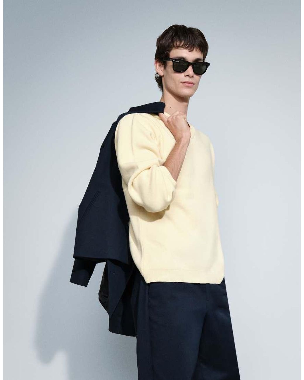 ASOS Natural Oversized V Neck Knitted Jumper for men