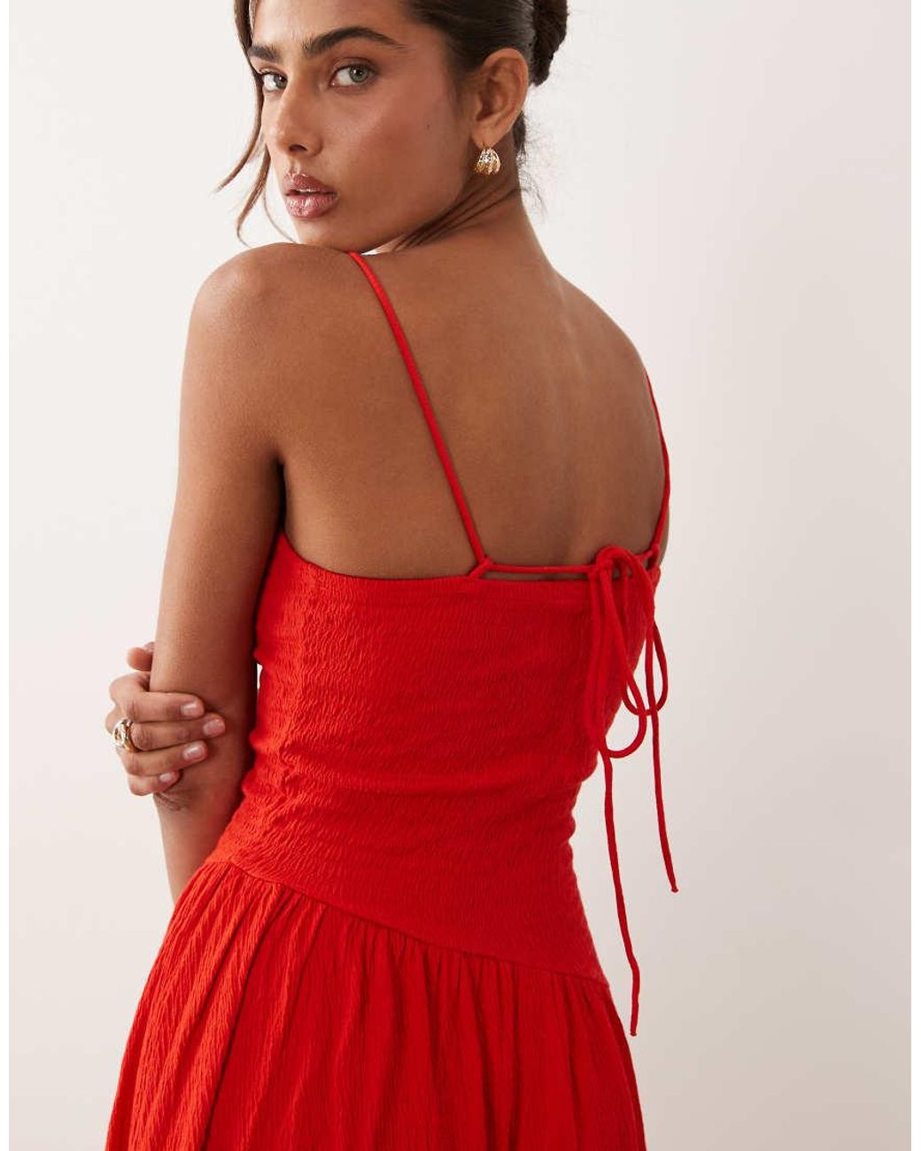 ASOS Red Crinkle Cami Tie Back Midi Dress With Asym Waist