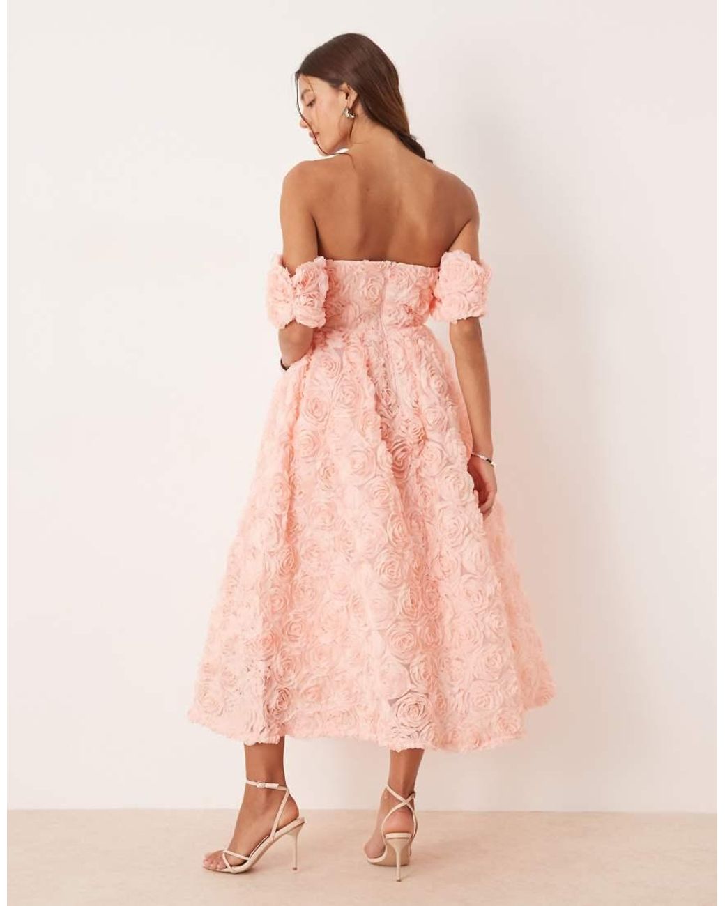 True Decadence Pink Bardot Midi Dress With Gathered Sleeves