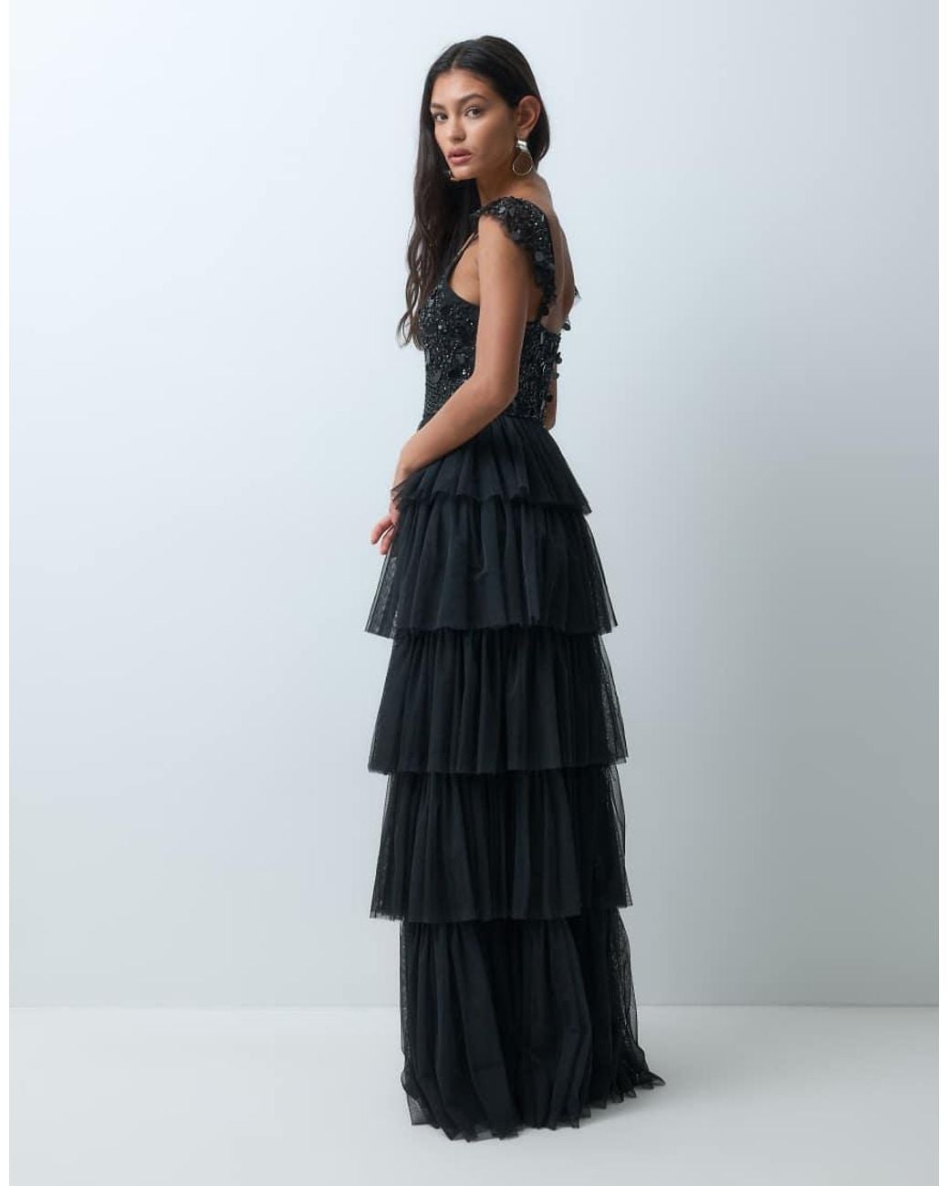 LACE & BEADS Blue Embellished Plunge Neck Cami Flutter Sleeve Tiered Skirt Maxi Dress