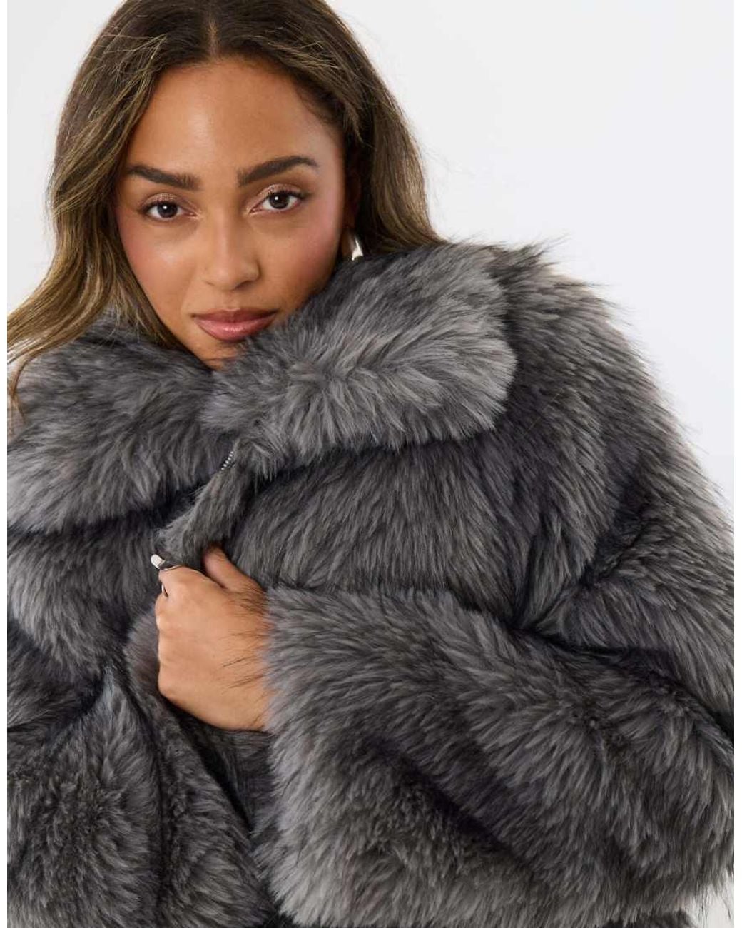 Threadbare Gray Faux Fur Collared Coat