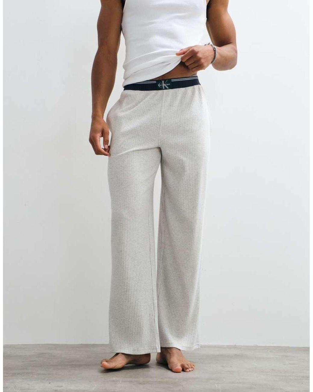 Calvin Klein Gray Cotton Pyjama Pants With Logo Waistband for men