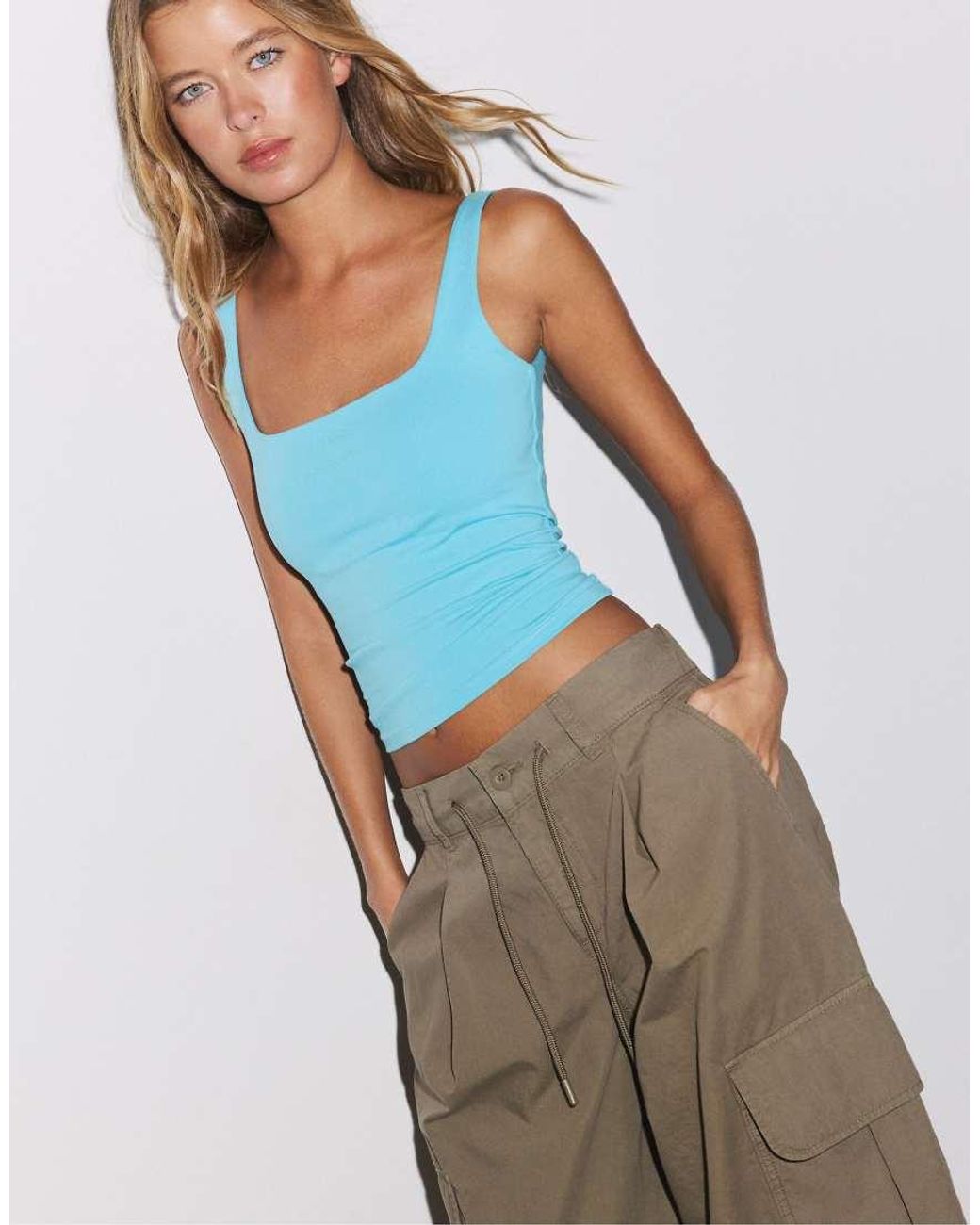 Stradivarius Blue Tank Top With A Square-cut Neckline
