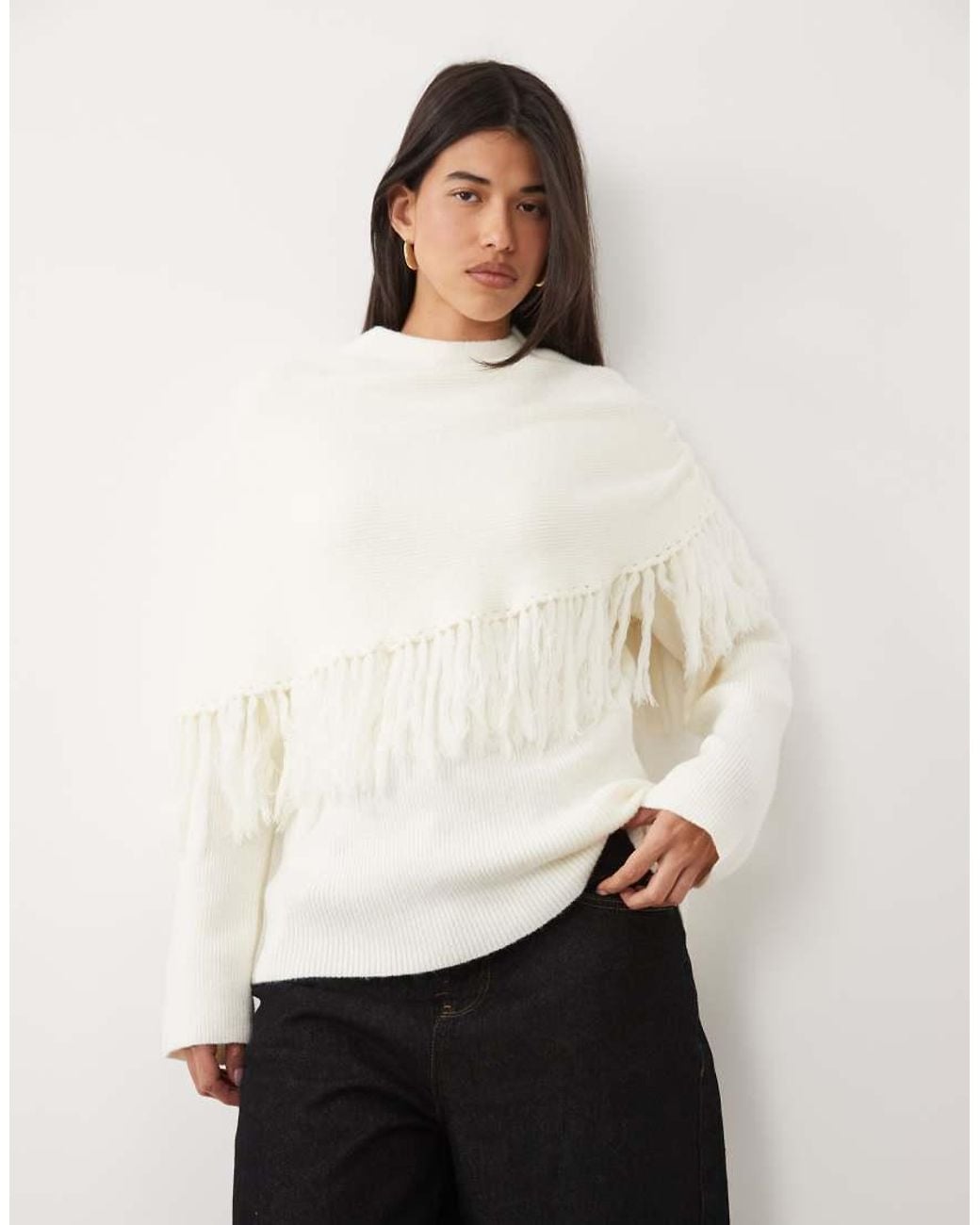 Pretty Lavish White Knit Poncho Asymmetric Fringe Detail Jumper