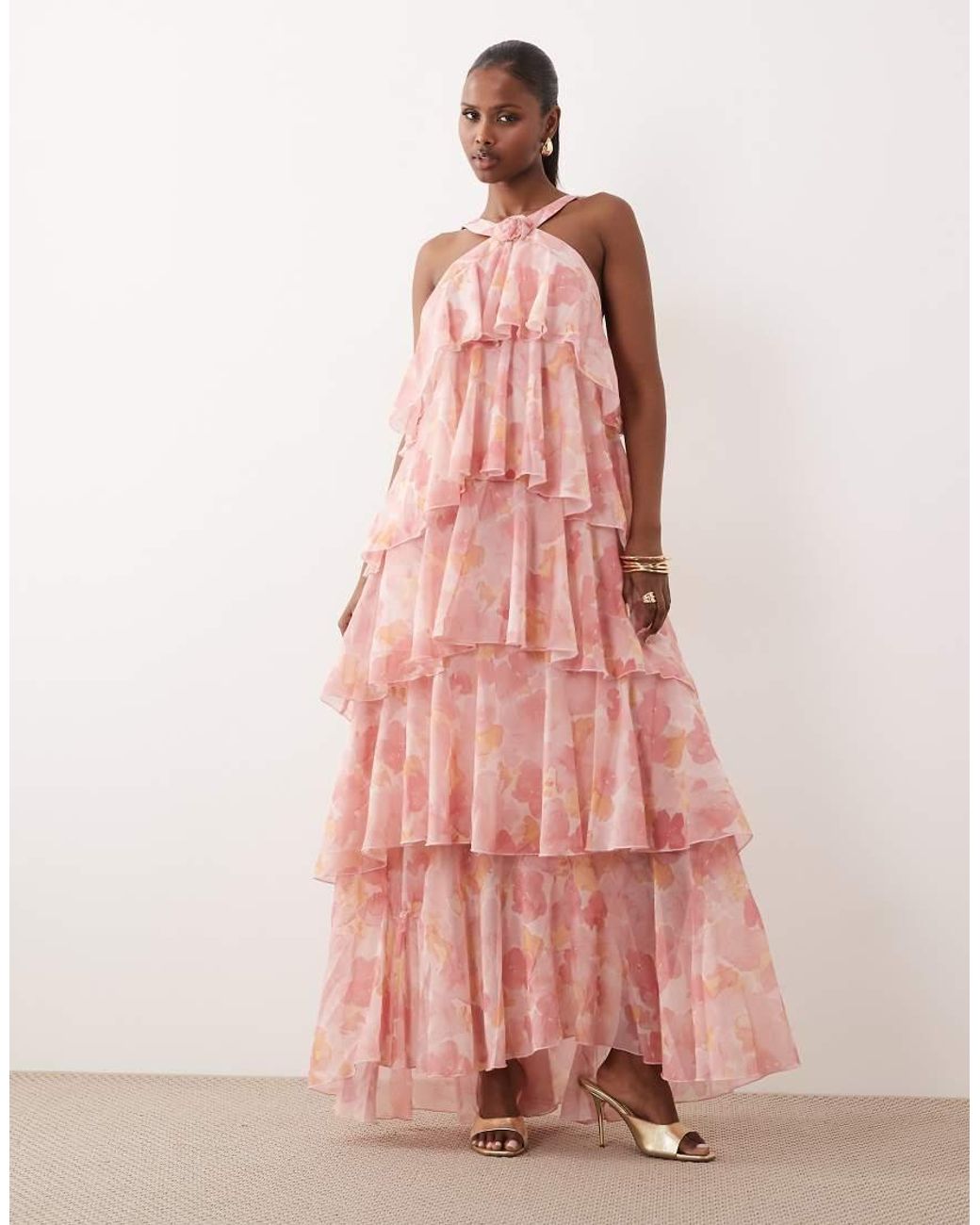 Vero Moda Pink Felicia Halterneck Tiered Maxi Dress With Corsage Detail